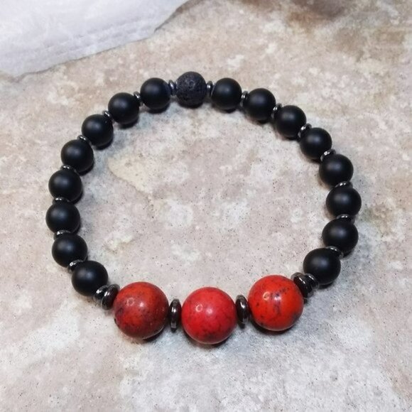 Punk? Grunge? Goth? Vampire? Black + Red Gray + Beaded Stone Bracelet - Picture 1 of 5